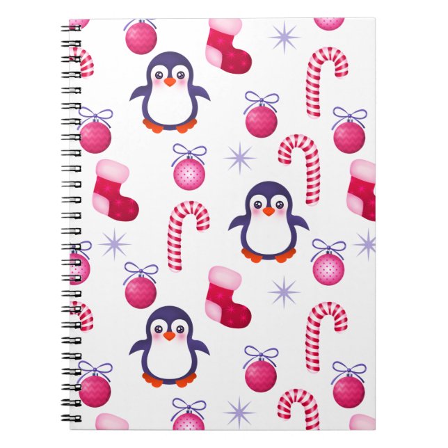 Carnet Joli Motif de Noël rose et blanc avec des pingouin (Devant)