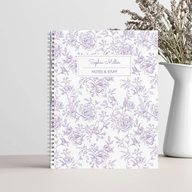Carnet Joli motif floral pourpre avec Monogramme d'oiseau (Créateur téléchargé)