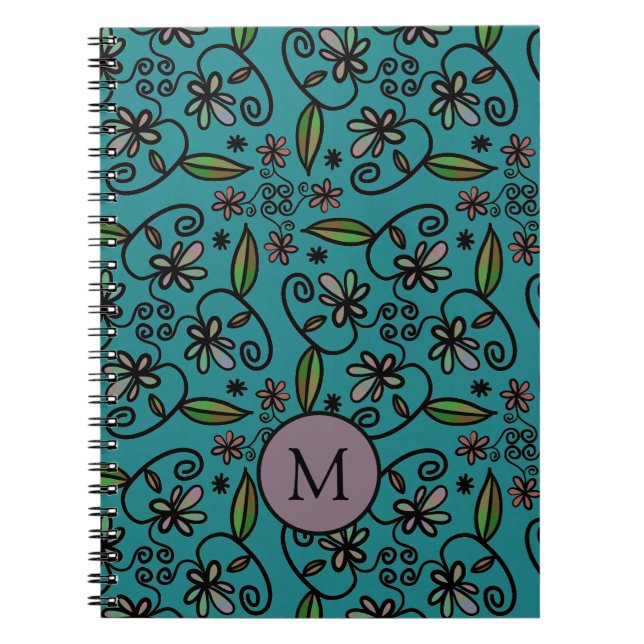 Carnet Joli motif floral sarcelle monogramme (Devant)
