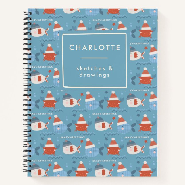 Carnet Joli Noël Océan Animaux Poisson Crabe Bleu Rouge (Devant)