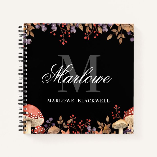 Carnet Joli Noir Blanc Automne Monogramme Script (Devant)
