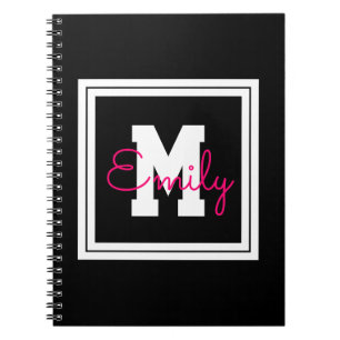 Carnet Joli nom encadré & monogramme   Noir Blanc & Rose