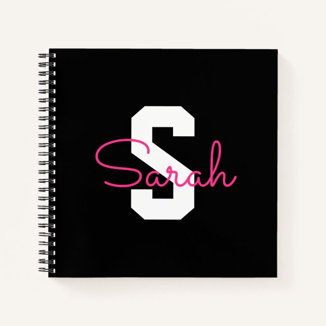 Carnet Joli nom et monogramme | Noir blanc et rose (Devant)