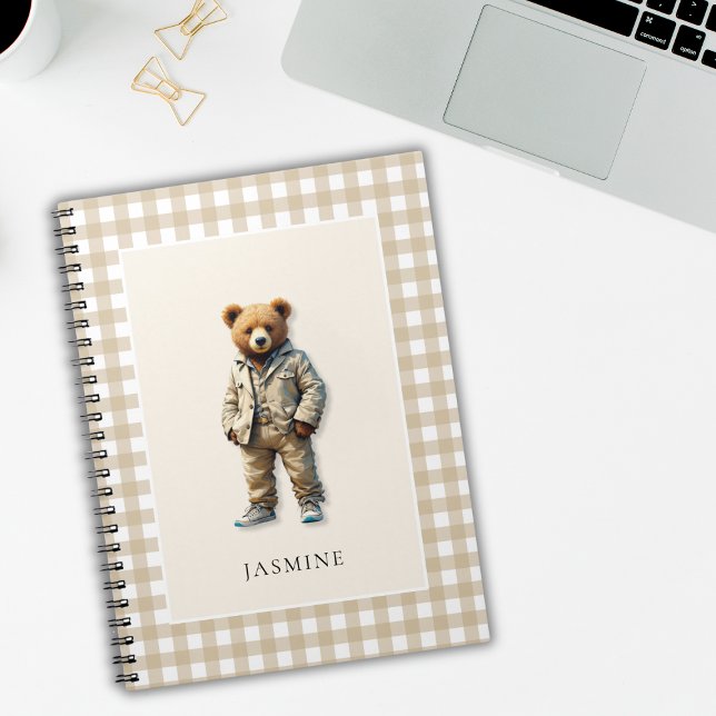 Carnet Joli ours en peluche personnalisé (cute personalized teddy notepad with a neutral beige plaid background)