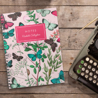 Carnet Joli papillons Vintages Nom Turquoise rose