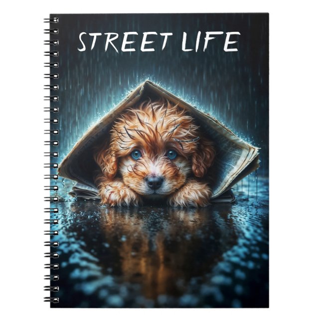 Carnet Joli petit chien sous la pluie avec des yeux bleus (Devant)