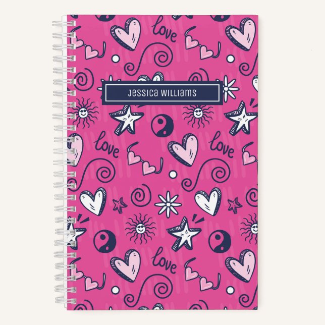 Carnet Joli Retro Doodle Heart Star Love Motif rose (Recto)
