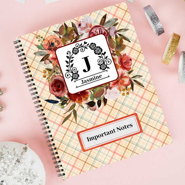 Carnet Joli rose d'aquarelle rouge papier plaid Spiral (Créateur téléchargé)