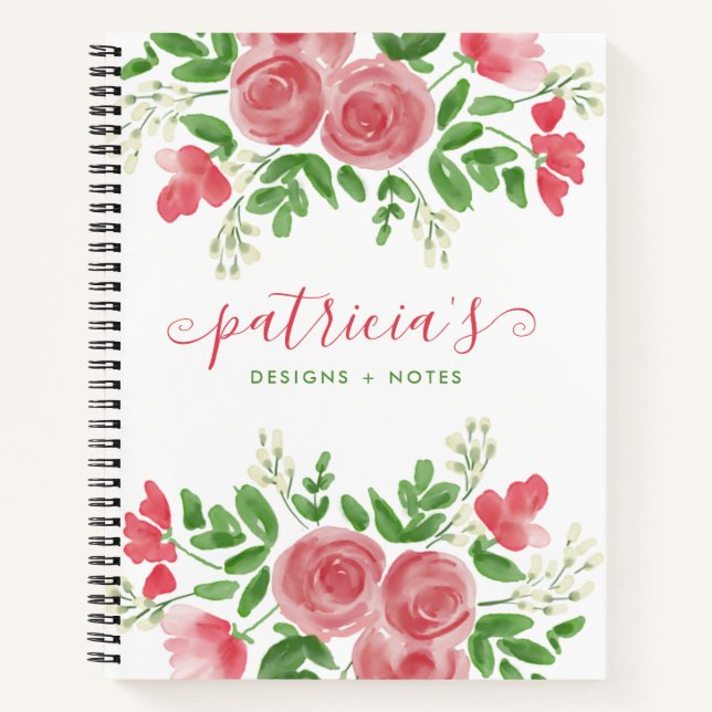 Carnet Jolie aquarelle Floral Rose Roses Nom du script (Devant)