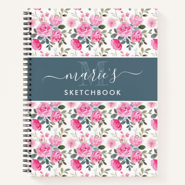 Carnet Jolie aquarelle rose Fleurs Motif Ajouter un nom N (Devant)