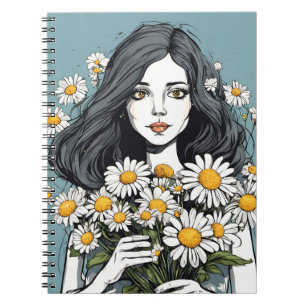 Carnet Jolie Dame Avec Bouquet de Pâquerettes