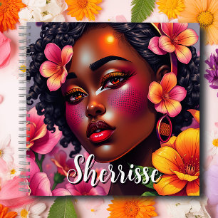 Carnet Jolie Dame de Couleur Fleurs Roses Personnalisées