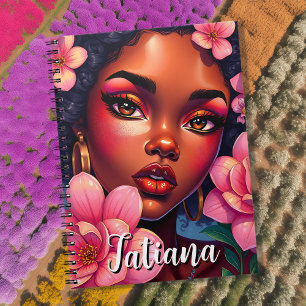 Carnet Jolie femme de couleur rose Fleurs Personnalisées
