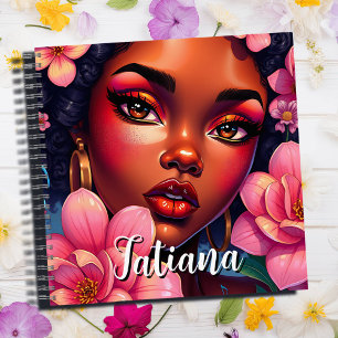 Carnet Jolie femme de couleur rose Fleurs Personnalisées