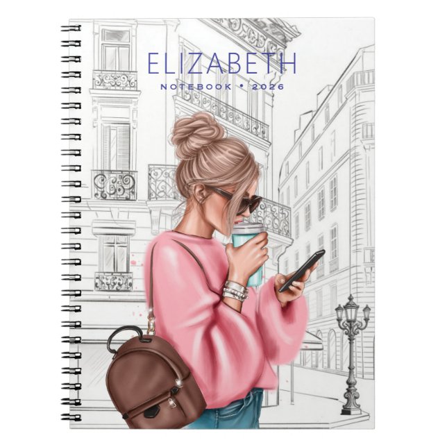 Carnet Jolie Fille avec Café et Téléphone à Paris (Devant)