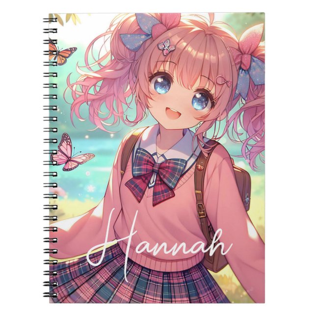 Carnet Jolie fille d'anime aux couettes roses (Devant)
