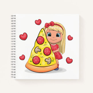 Carnet Jolie fille de dessin animé avec une pizza.