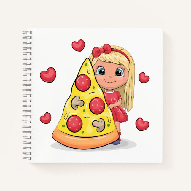 Carnet Jolie fille de dessin animé avec une pizza. (Devant)