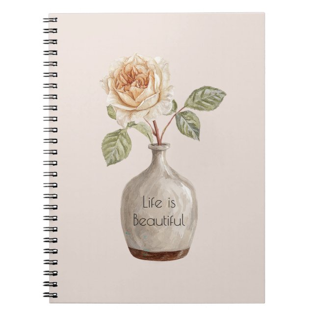 Carnet Jolie Fleur de Rose Pêche dans un Vase (Devant)