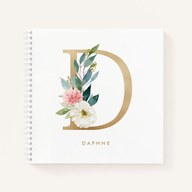Carnet Jolie Florales Faux Gold Foil Lettre D Monogramme (Devant)