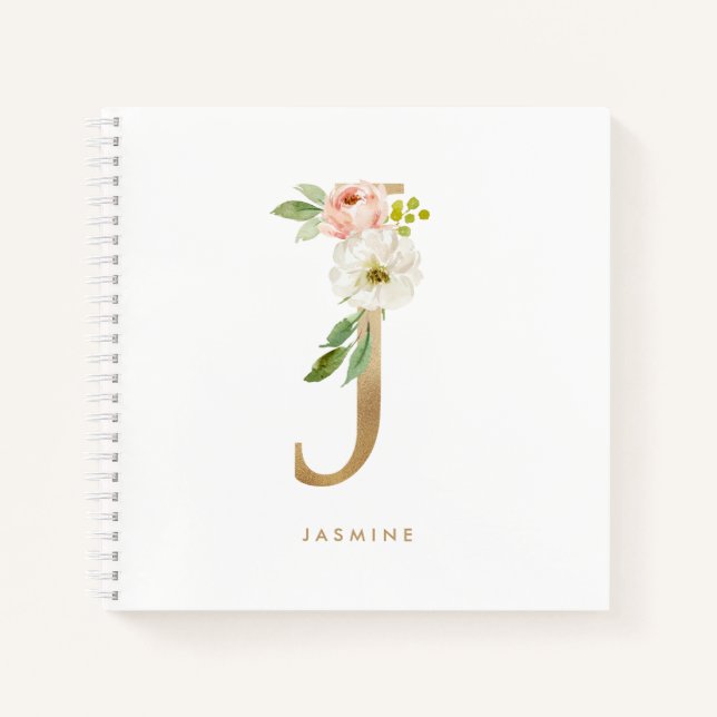 Carnet Jolie Florales Faux Gold Foil Lettre J Monogram (Devant)