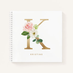 Carnet Jolie Florales Faux Gold Foil Lettre K Monogramme