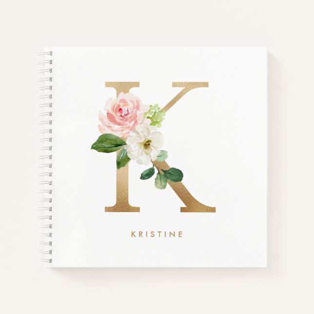 Carnet Jolie Florales Faux Gold Foil Lettre K Monogramme (Devant)