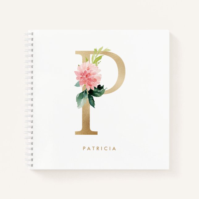 Carnet Jolie Florales Faux Gold Foil Lettre P Monogramme (Devant)