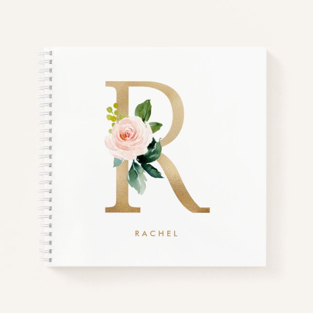 Carnet Jolie Florales Faux Gold Foil Lettre R Monogramme (Devant)