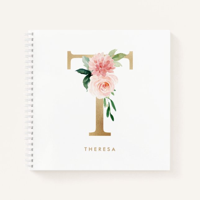 Carnet Jolie Florales Faux Gold Foil Lettre T Monogramme (Devant)