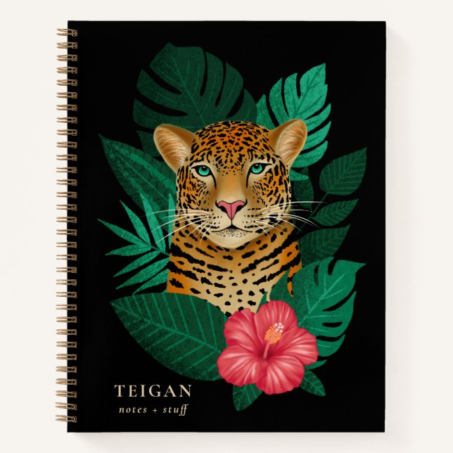 Carnet Jolie jungle léopard Art Floral | Noir | Nom (Devant)