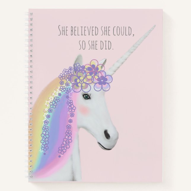 Carnet Jolie licorne arc-en-ciel bleu rose rose florale (Devant)