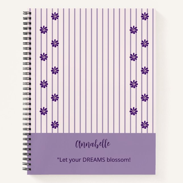 Carnet Jolie Nom & Devise Violet Stripes et Fleurs (Devant)