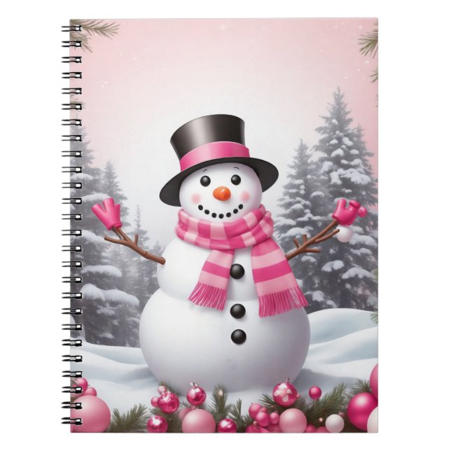 Carnet Jolie scène de bonhomme de neige rose Noël (Devant)