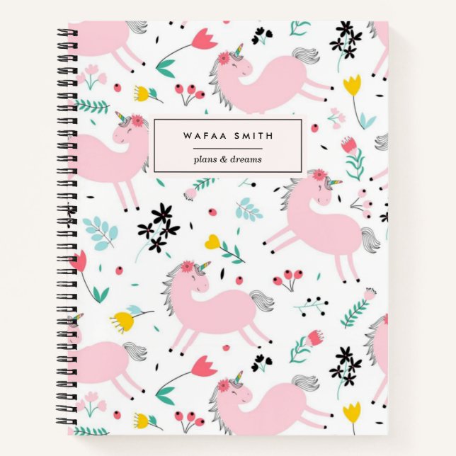 Carnet Jolie Unicorne Rose fille Aquarelle Monogramme (Devant)