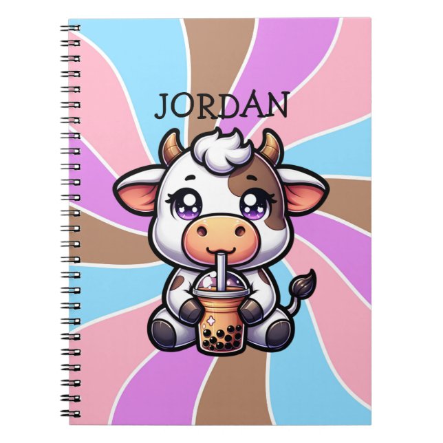 Carnet Jolie vache bébé Boire Boba Kawaii Cartoon (Devant)