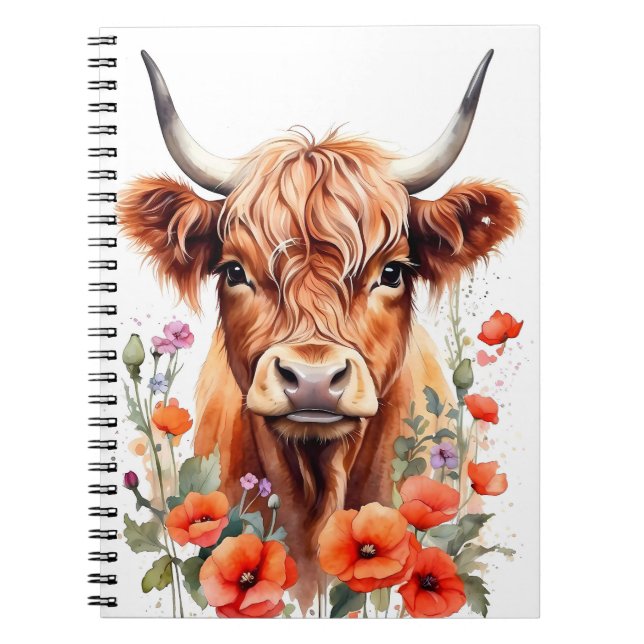 Carnet Jolie Vache Highland Et Fleurs De Pavot Aquarelle (Devant)