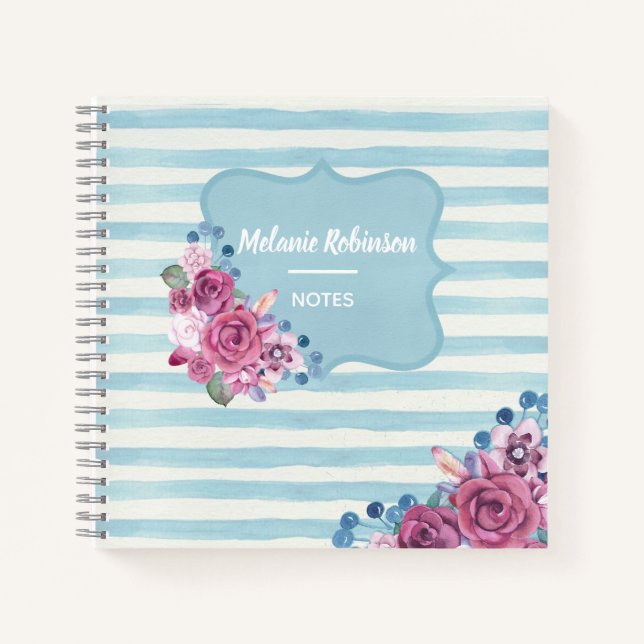 Carnet Jolies bandes florales et bleues Personnalisées (Devant)
