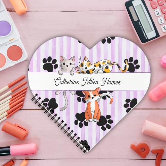 Carnet Jolies chatons & pattes, bandes violettes forme co (Créateur téléchargé)