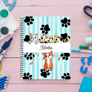 Carnet Jolies chatons & pattes, bleu rayé spirale