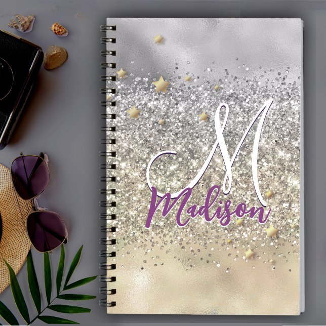 Carnet Jolies étoiles pailletées argent or monogramme (Créateur téléchargé)