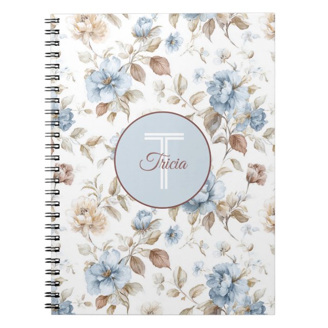 Carnet Jolies Fleurs Bleues Crème Beige Marron (Devant)