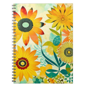 Carnet Jolies fleurs d'art populaire jaune et turquoise