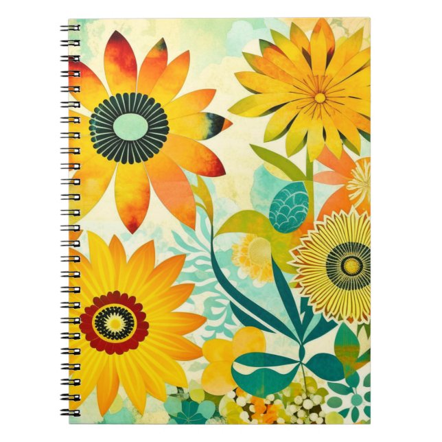 Carnet Jolies fleurs d'art populaire jaune et turquoise (Devant)