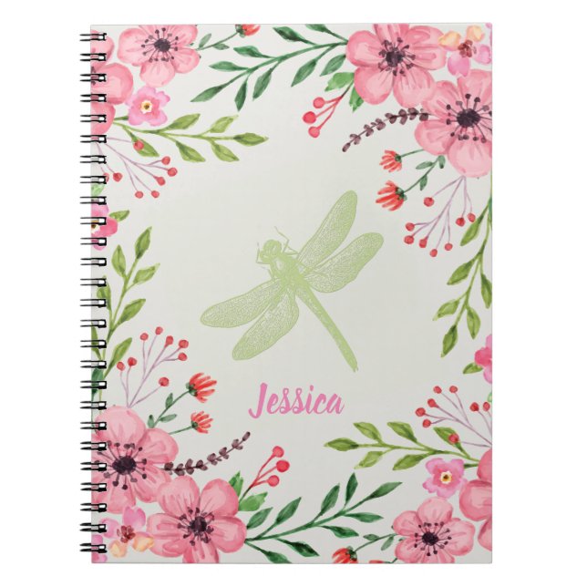 Carnet Jolies Fleurs Roses Avec Dragonfly Et Nom (Devant)