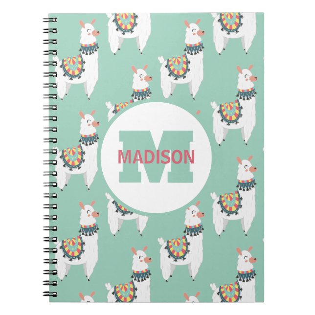 Carnet Jolies Llamas Blanches Monogramme Nom Initial Vert (Devant)