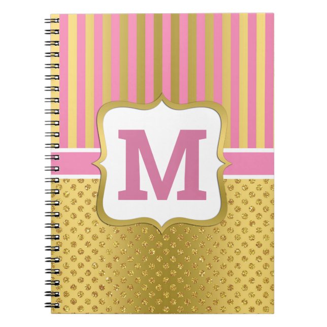 Carnet Jolis points scintillants dorés et rayures roses  (Devant)