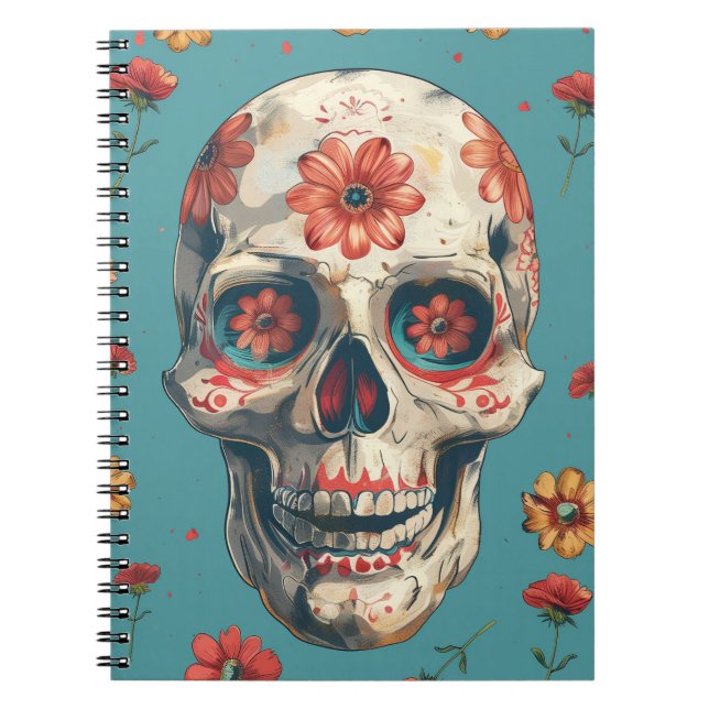 Carnet Jour des Morts design avec crâne et fleurs (Devant)