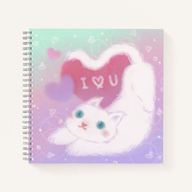 Carnet Joyeuse Saint-Valentin avec chat blanc duveteux (Devant)