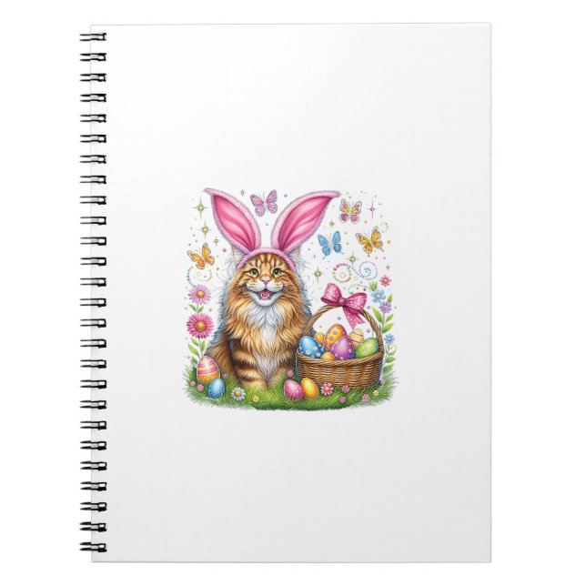 Carnet Joyeuses Pâques Mignon Lapin Maine Coon Chat Œufs  (Devant)